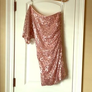 Rose gold one shouldered party dress.